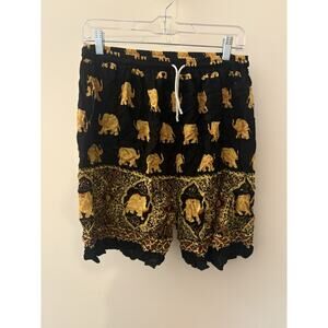 Men’s Elephant Print Shorts M/L Stretch Waist Black Gold Boho Festival Lounge